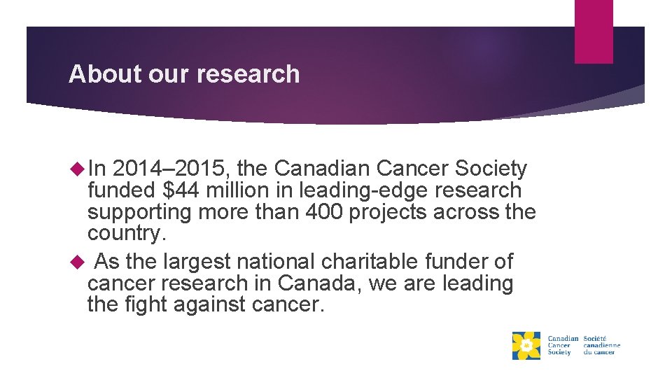 About our research In 2014– 2015, the Canadian Cancer Society funded $44 million in