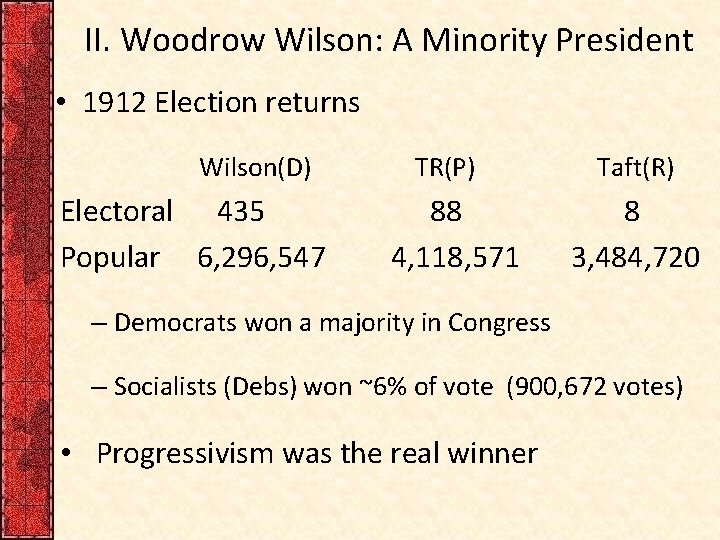 II. Woodrow Wilson: A Minority President • 1912 Election returns Wilson(D) Electoral 435 Popular