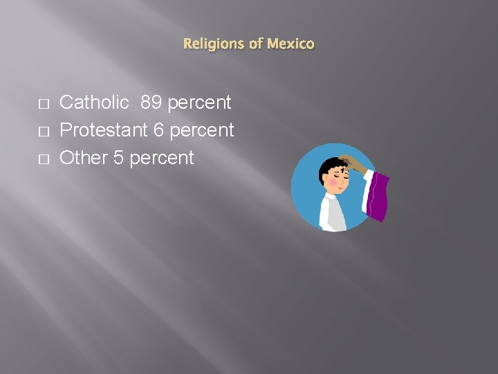 Religions of Mexico � � � Catholic 89 percent Protestant 6 percent Other 5