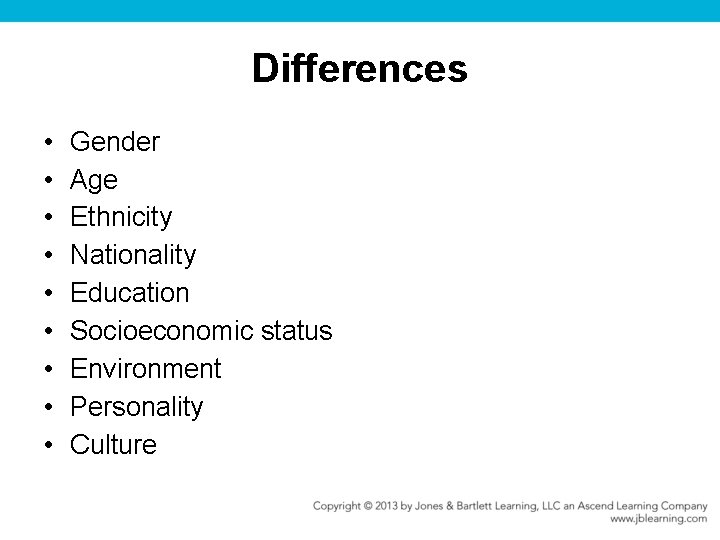 Differences • • • Gender Age Ethnicity Nationality Education Socioeconomic status Environment Personality Culture