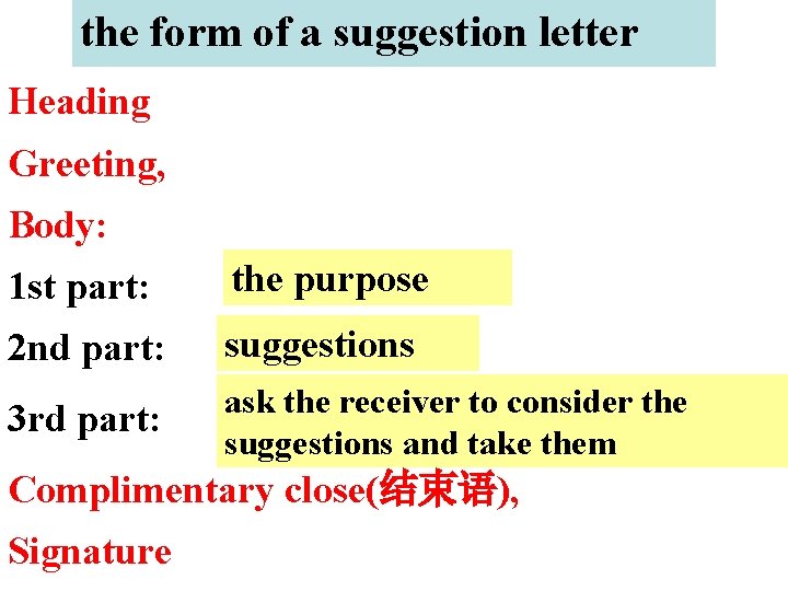 the form of a suggestion letter Heading Greeting, Body: 1 st part: the purpose