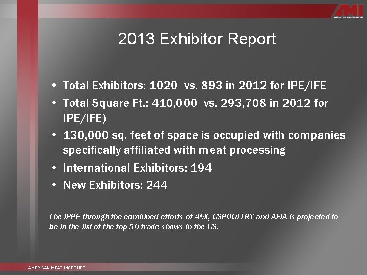 2013 Exhibitor Report • Total Exhibitors: 1020 vs. 893 in 2012 for IPE/IFE •