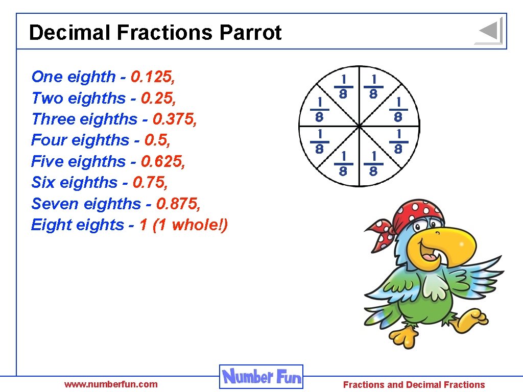 Decimal Fractions Parrot One eighth - 0. 125, Two eighths - 0. 25, Three