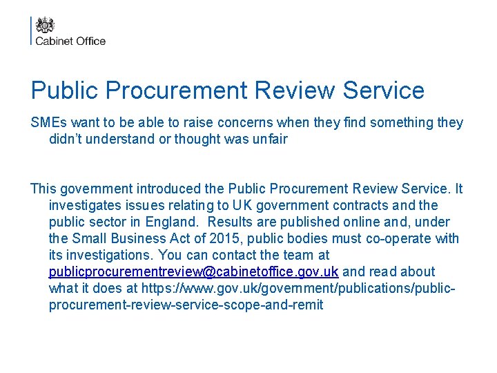 Public Procurement Review Service SMEs want to be able to raise concerns when they