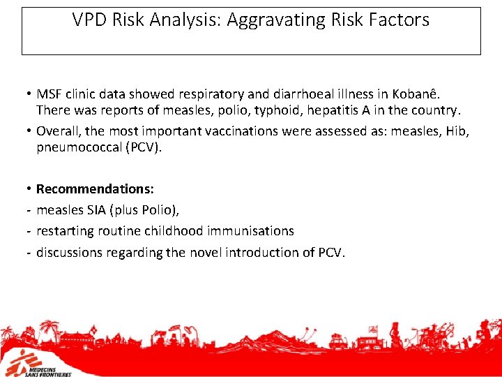 VPD Risk Analysis: Aggravating Risk Factors • MSF clinic data showed respiratory and diarrhoeal