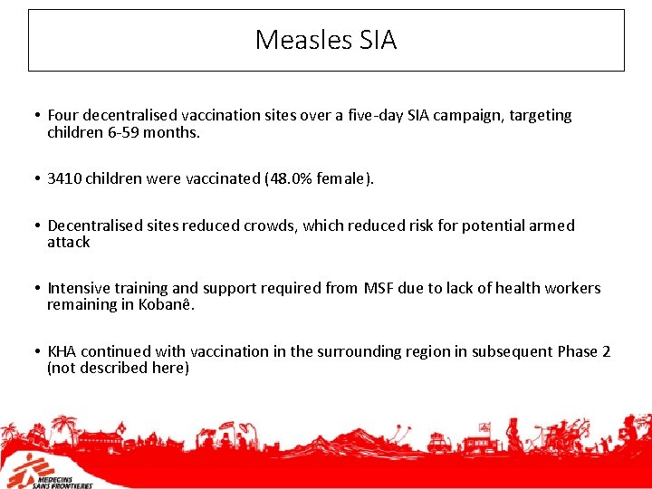 Measles SIA • Four decentralised vaccination sites over a five-day SIA campaign, targeting children