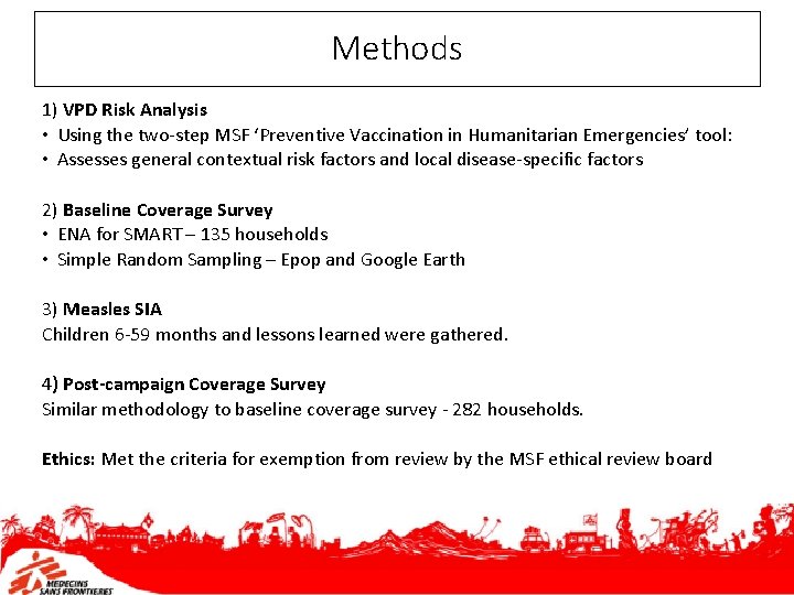 Methods 1) VPD Risk Analysis • Using the two-step MSF ‘Preventive Vaccination in Humanitarian