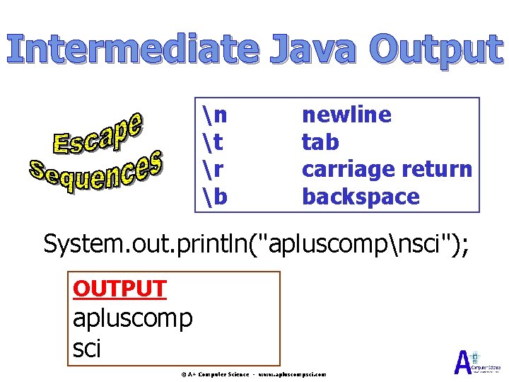 Intermediate Java Output n t r b newline tab carriage return backspace System. out. Intermediate Java Output n t r b newline tab carriage return backspace System. out.
