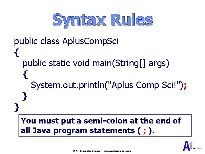 Syntax Rules public class Aplus. Comp. Sci { public static void main(String[] args) {