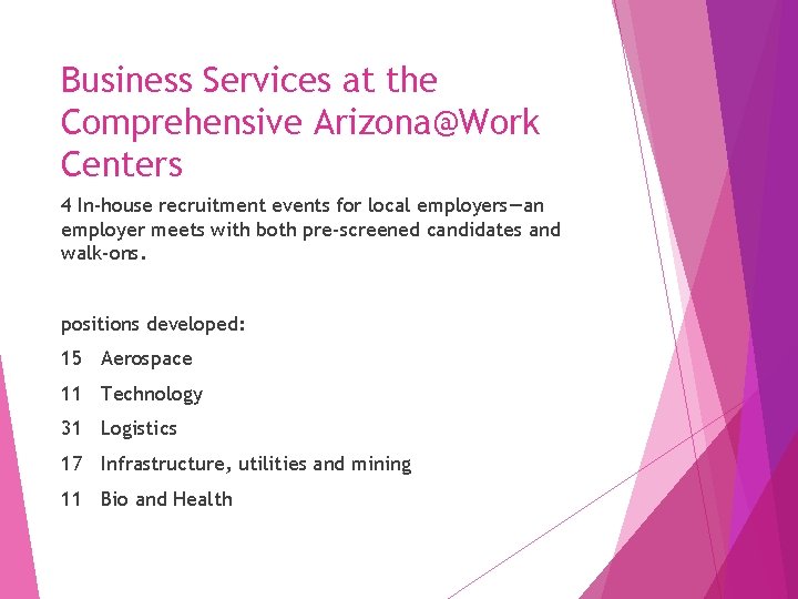 Business Services at the Comprehensive Arizona@Work Centers 4 In-house recruitment events for local employers—an