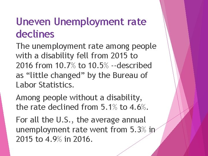 Uneven Unemployment rate declines The unemployment rate among people with a disability fell from