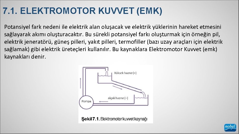 7. 1. ELEKTROMOTOR KUVVET (EMK) Potansiyel fark nedeni ile elektrik alan oluşacak ve elektrik