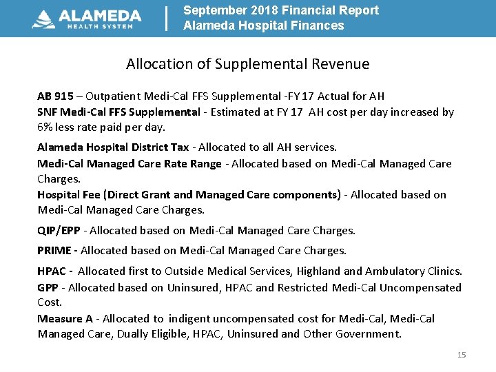 September 2018 Financial Report Alameda Hospital Finances Allocation of Supplemental Revenue AB 915 –