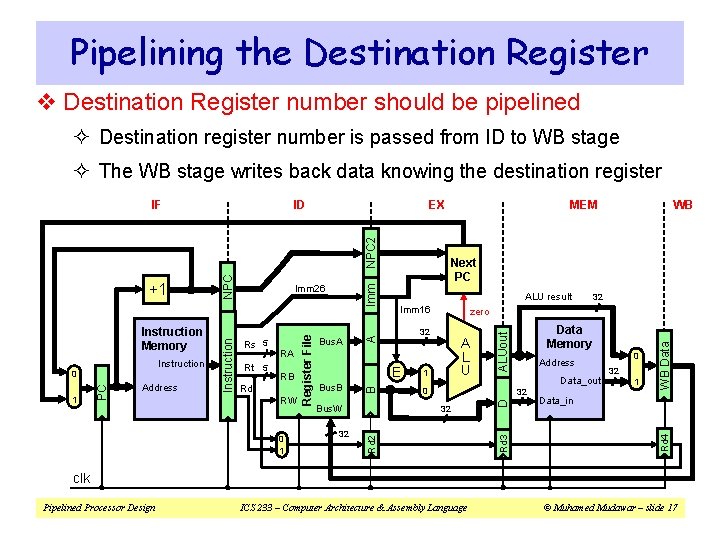 Pipelining the Destination Register v Destination Register number should be pipelined ² Destination register