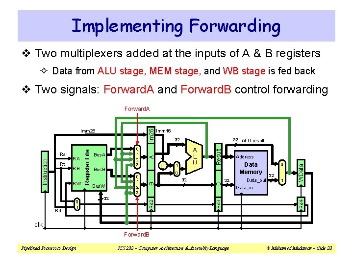 Implementing Forwarding v Two multiplexers added at the inputs of A & B registers