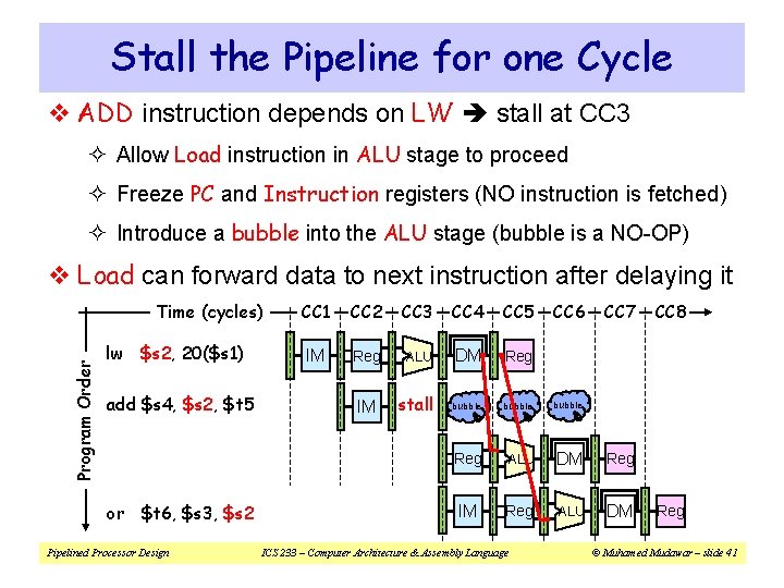 Stall the Pipeline for one Cycle v ADD instruction depends on LW stall at