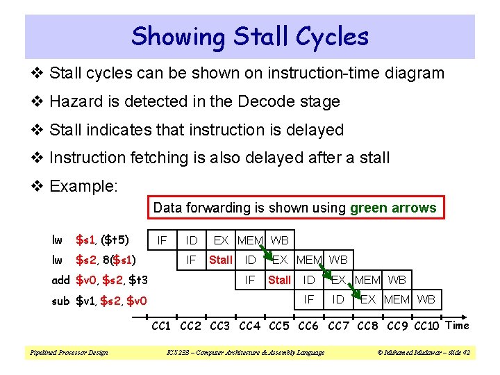Showing Stall Cycles v Stall cycles can be shown on instruction-time diagram v Hazard