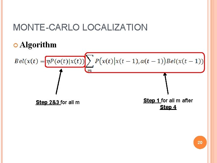 MONTE-CARLO LOCALIZATION Algorithm Step 2&3 for all m Step 1 for all m after