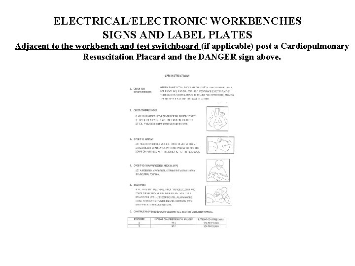 ELECTRICAL/ELECTRONIC WORKBENCHES SIGNS AND LABEL PLATES Adjacent to the workbench and test switchboard (if