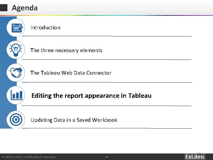 Agenda Introduction The three necessary elements The Tableau Web Data Connector Editing the report