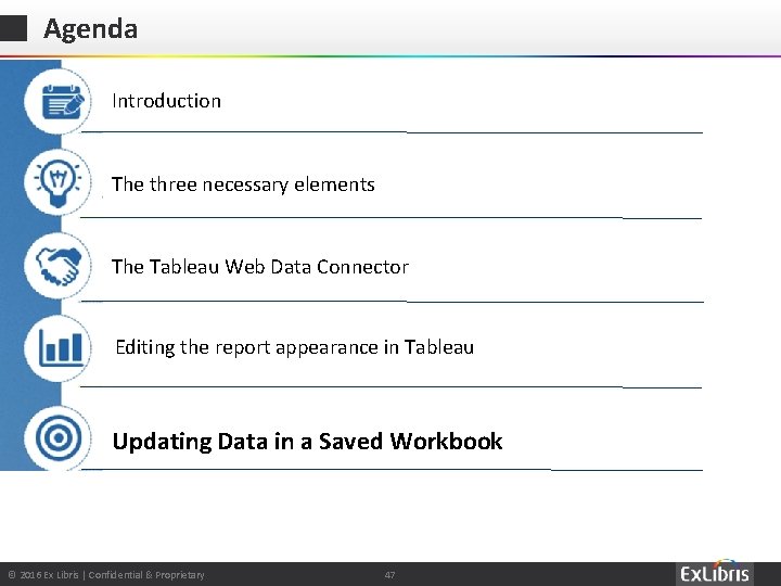 Agenda Introduction The three necessary elements The Tableau Web Data Connector Editing the report