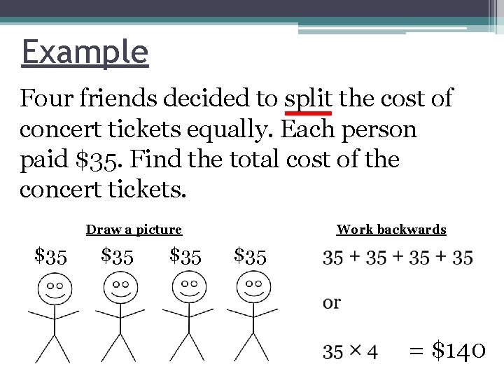 Example Four friends decided to split the cost of concert tickets equally. Each person
