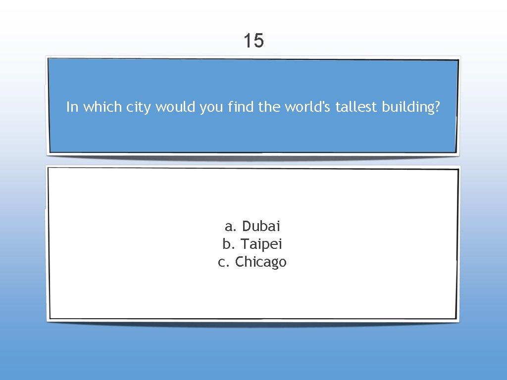 15 In which city would you find the world's tallest building? a. Dubai b.