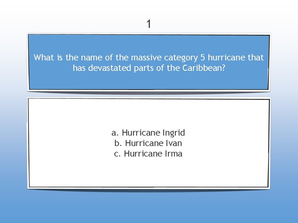 1 What is the name of the massive category 5 hurricane that has devastated