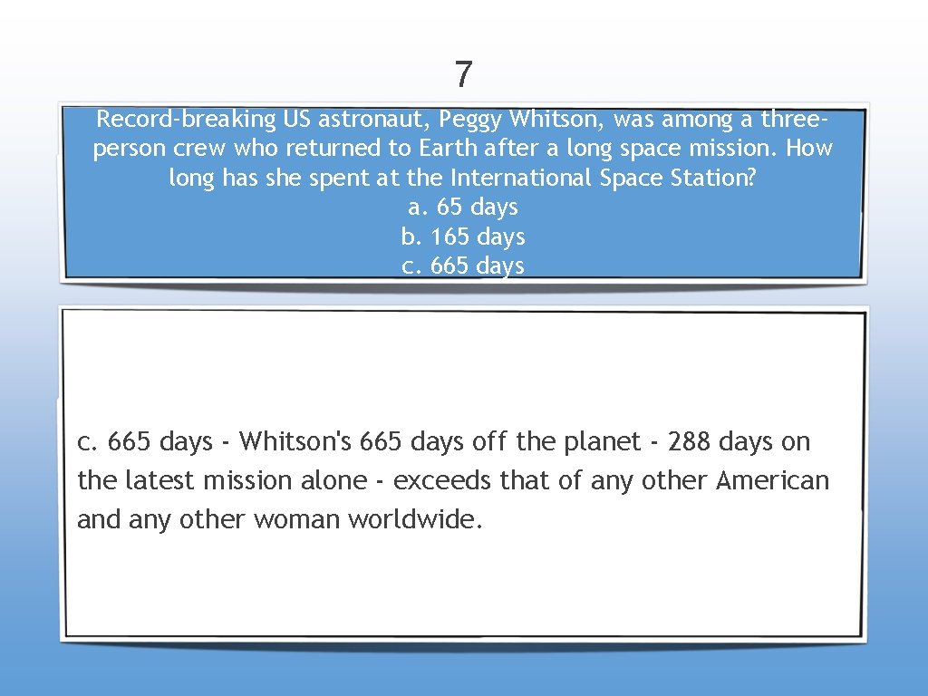 7 Record-breaking US astronaut, Peggy Whitson, was among a threeperson crew who returned to