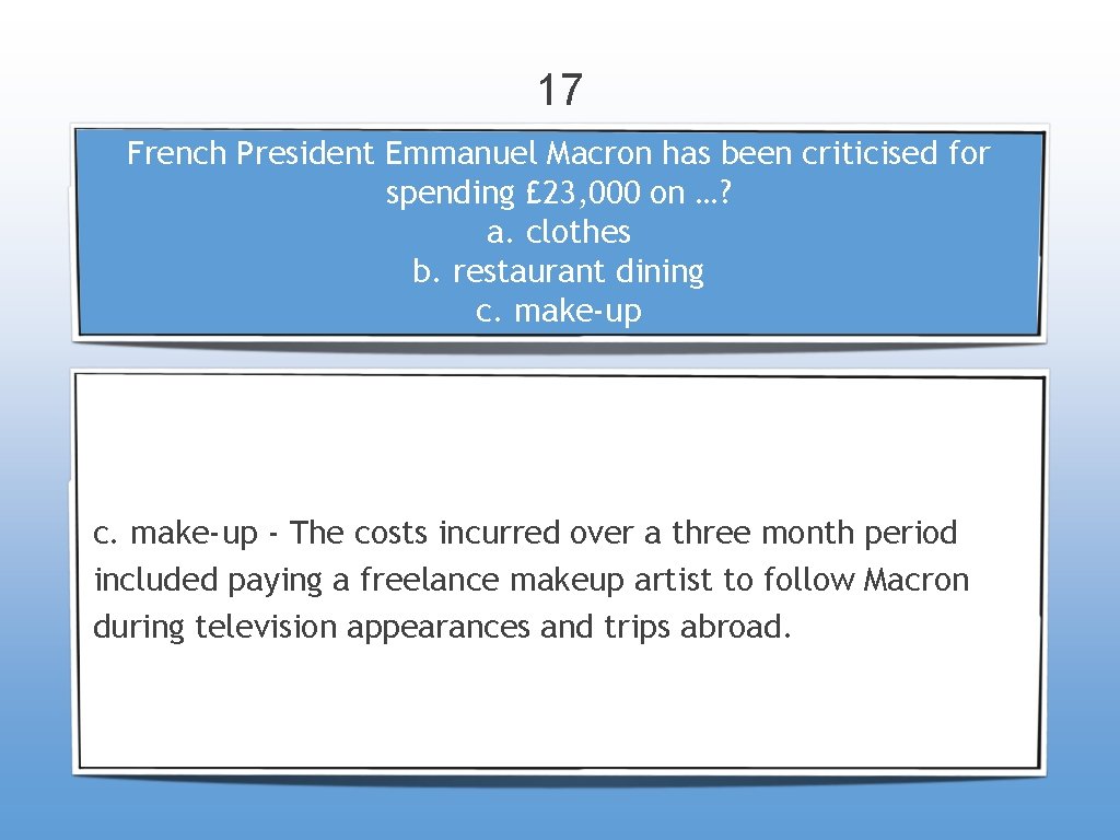 17 French President Emmanuel Macron has been criticised for spending £ 23, 000 on