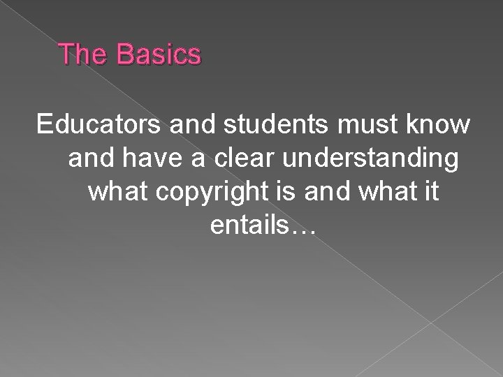 The Basics Educators and students must know and have a clear understanding what copyright
