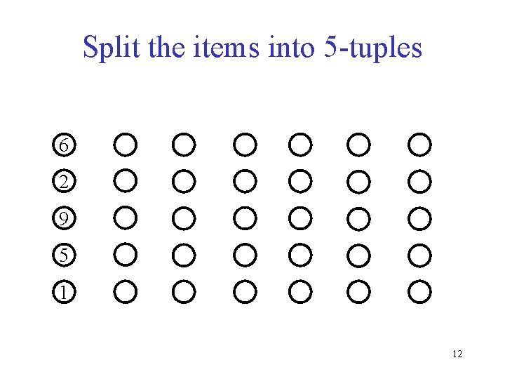 Split the items into 5 -tuples 6 2 9 5 1 12 Split the items into 5 -tuples 6 2 9 5 1 12