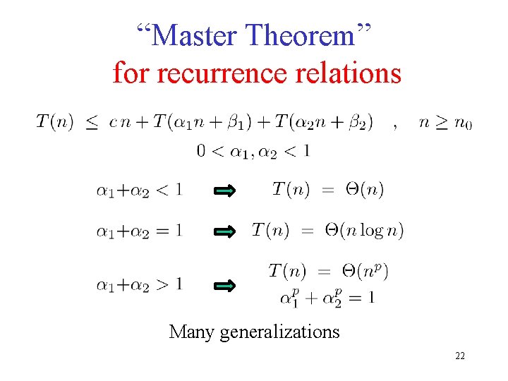 “Master Theorem” for recurrence relations Many generalizations 22 “Master Theorem” for recurrence relations Many generalizations 22
