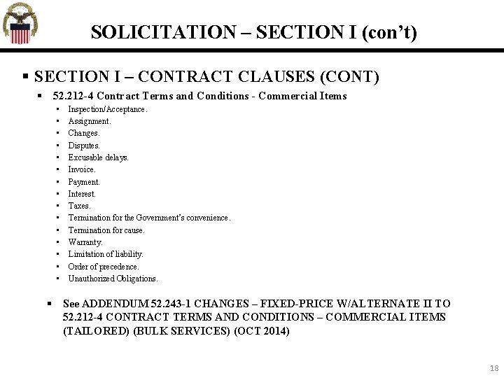 SOLICITATION – SECTION I (con’t) SECTION I – CONTRACT CLAUSES (CONT) 52. 212 -4