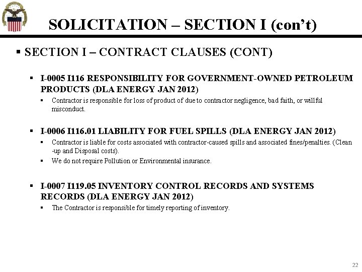 SOLICITATION – SECTION I (con’t) SECTION I – CONTRACT CLAUSES (CONT) I-0005 I 116