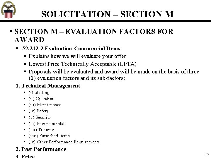 SOLICITATION – SECTION M – EVALUATION FACTORS FOR AWARD 52. 212 -2 Evaluation-Commercial Items