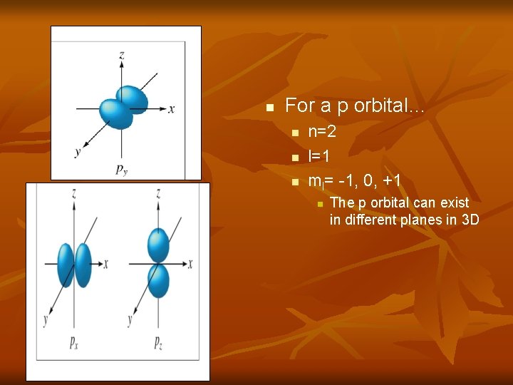 n For a p orbital… n n=2 l=1 ml= -1, 0, +1 n The