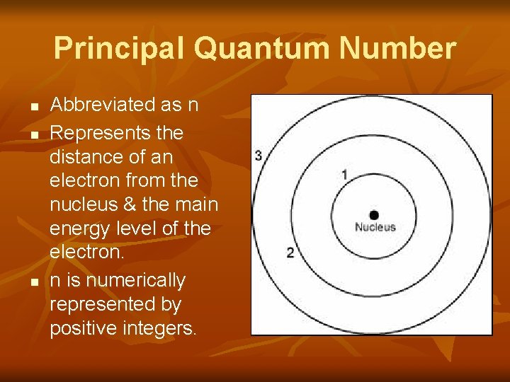 Principal Quantum Number n n n Abbreviated as n Represents the distance of an