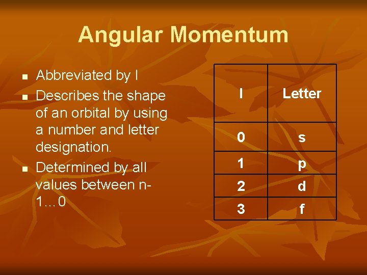 Angular Momentum n n n Abbreviated by l Describes the shape of an orbital