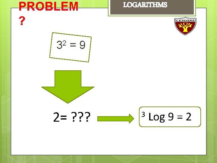 PROBLEM ? LOGARITHMS 32 = 9 2= ? ? ? 3 Log 9 =