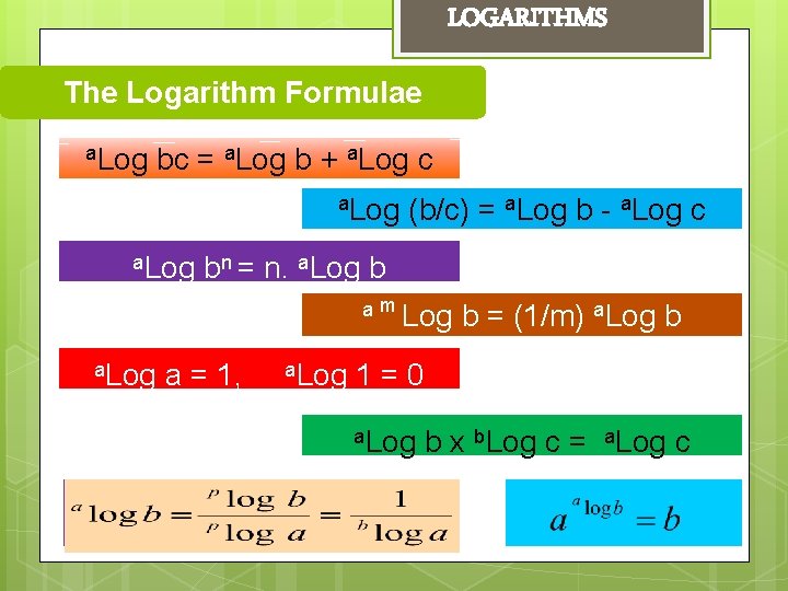 LOGARITHMS The Logarithm Formulae a. Log bc = a. Log b + a. Log