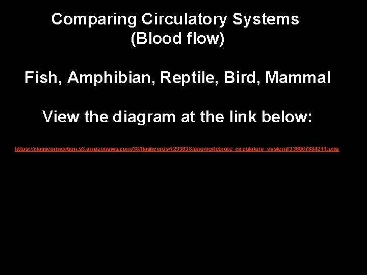 Comparing Circulatory Systems (Blood flow) Fish, Amphibian, Reptile, Bird, Mammal View the diagram at
