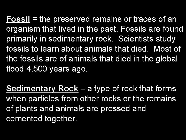Fossil = the preserved remains or traces of an organism that lived in the