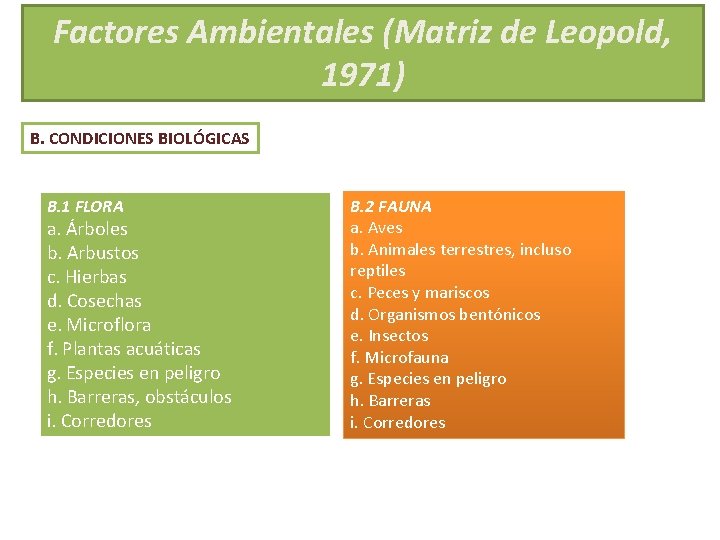 Factores Ambientales (Matriz de Leopold, 1971) B. CONDICIONES BIOLÓGICAS B. 1 FLORA a. Árboles