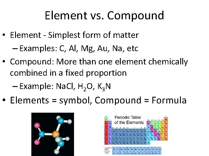 Element vs. Compound • Element - Simplest form of matter – Examples: C, Al, Element vs. Compound • Element - Simplest form of matter – Examples: C, Al,