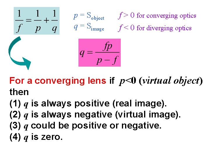 p = Sobject q = Simage f > 0 for converging optics f <