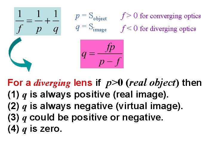 p = Sobject q = Simage f > 0 for converging optics f <