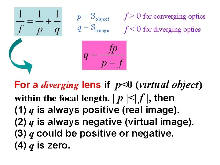 p = Sobject q = Simage f > 0 for converging optics f <