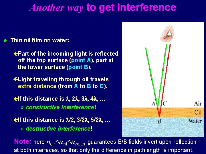 Another way to get Interference l Thin oil film on water: çPart of the