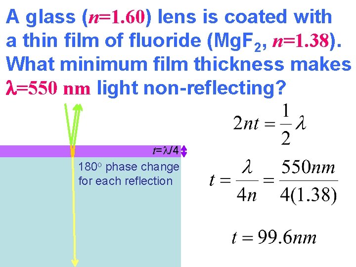 A glass (n=1. 60) lens is coated with a thin film of fluoride (Mg.